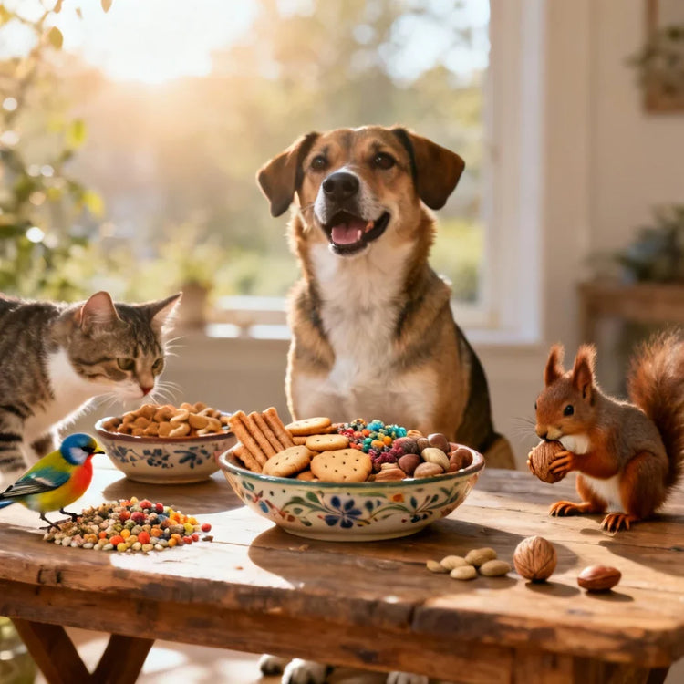 Hund, Katze, Vogel und Eichhörnchen mit Snacks und Leckerlis auf einem Tisch